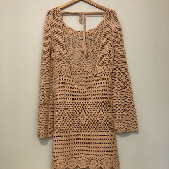 MAJORELLE Flower Crochet Knit Women’s Size Medium Tan Coverup Boho Tunic Dress - Picture 4 of 11